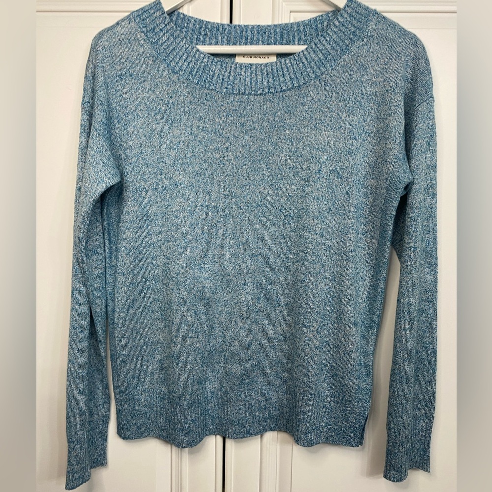 Club Monaco Women’s Sz Small Blue Crew Neck Sweater Ribbed hem and Sleeve Cuffs